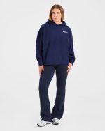 Varsity Minimal Logo Oversized Knitted Hoodie - Navy - Image 3