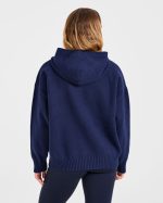 Varsity Minimal Logo Oversized Knitted Hoodie - Navy - Image 2