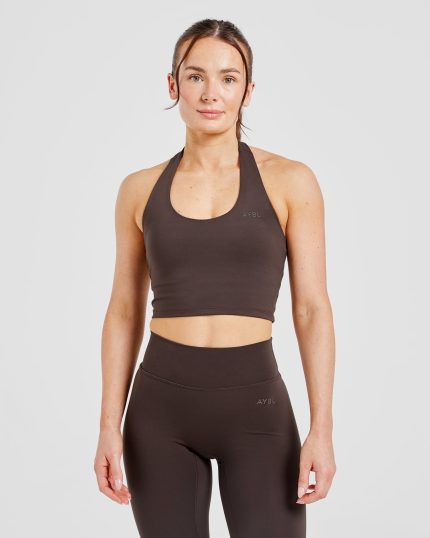Staple Halterneck Crop Top - Coffee Brown