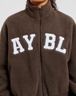 Varsity Oversized Fleece Zip Up Jacket - Cocoa Brown - Image 5