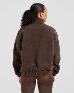 Varsity Oversized Fleece Zip Up Jacket - Cocoa Brown - Image 2