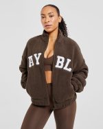 Varsity Oversized Fleece Zip Up Jacket - Cocoa Brown - Image 8