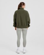 Varsity Oversized Fleece Zip Up Jacket - Khaki Green - Image 4