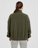 Varsity Oversized Fleece Zip Up Jacket - Khaki Green - Image 2