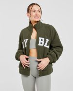 Varsity Oversized Fleece Zip Up Jacket - Khaki Green - Image 7
