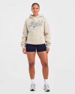 Script Embroidered Oversized Hoodie - Sand/Navy - Image 3