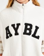 Varsity Oversized Fleece Zip Up Jacket - Cream - Image 5