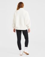 Varsity Oversized Fleece Zip Up Jacket - Cream - Image 4