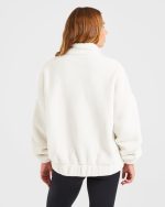 Varsity Oversized Fleece Zip Up Jacket - Cream - Image 2