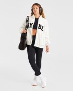 Varsity Oversized Fleece Zip Up Jacket - Cream - Image 8