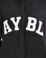 Varsity Oversized Fleece Zip Up Jacket - Black - Image 6