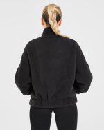 Varsity Oversized Fleece Zip Up Jacket - Black - Image 2