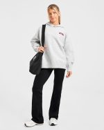 Varsity Minimal Logo Oversized Knitted Hoodie - Grey Marl/Burgundy - Image 7