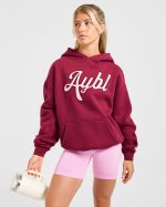Script Embroidered Oversized Hoodie - Burgundy/Pink - Image 8