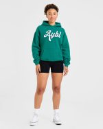 Script Embroidered Oversized Hoodie - Sports Green - Image 3