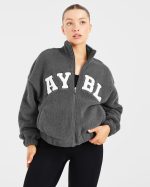 Varsity Oversized Fleece Zip Up Jacket - Charcoal - Image 7
