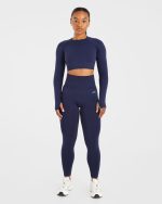 Empower Seamless Long Sleeve Crop Top - Navy - Image 3