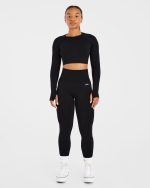 Empower Seamless Long Sleeve Crop Top - Black - Image 3