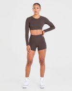 Staple Long Sleeve Crop Top - Coffee Brown - Image 3