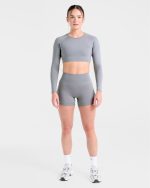 Staple Long Sleeve Crop Top - Grey - Image 3