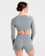 Staple Long Sleeve Crop Top - Grey - Image 2